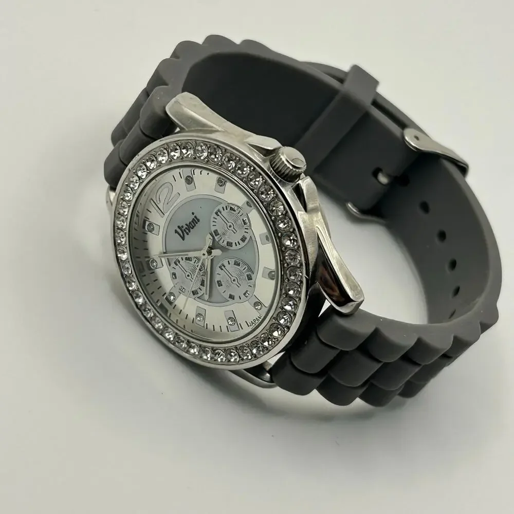Vivani Silver Tone Dial Round Crystal Accent Case Gray Silicone Band Watch